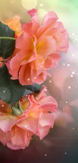 Pink and orange roses with green leaves in a floral wallpaper.