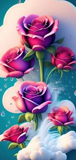 Wallpaper of vibrant purple roses with cloud and teal background.