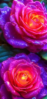 Vibrant purple roses with dewdrops garnish.