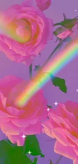 Mobile wallpaper with vibrant pink roses and a magical rainbow glow.