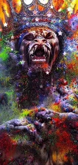 Vibrant beast with crown, colorful and energetic mobile wallpaper design.