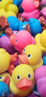 Colorful rubber ducks piled together closely.