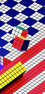 Vibrant geometric wallpaper with Rubik's Cubes.