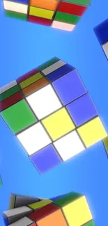 Colorful Rubik's Cubes floating on a blue background.