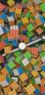 Vibrant Rubik's cubes in dynamic motion wallpaper.