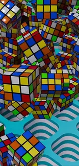 Colorful Rubik's cubes on blue background wallpaper