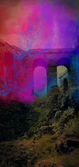 Vibrant fuchsia and blue overlay on ancient ruins wallpaper.