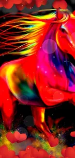 Vibrant and colorful running horse in a rainbow design with red dominant hues.