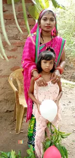 Mother and child in colorful attire amidst a rural backdrop.