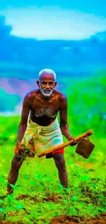 Elderly farmer working in a vibrant green field.