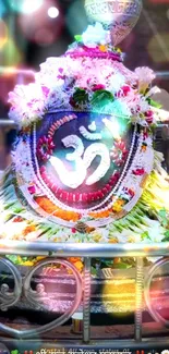 Sacred Om symbol with vibrant flower decoration.