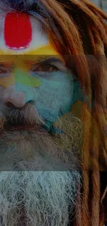 Colorful Sadhu face with vibrant red marking.