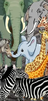 Illustrated safari animals, including elephants, giraffes, and zebras, in a colorful collage.