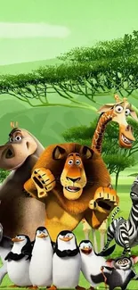 Animated safari animals on a green jungle background.