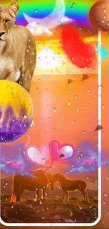 Lion with colorful planets and horses in vibrant fantasy scene.