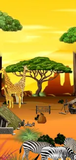 Vibrant safari scene with giraffes, zebras, and sunset.