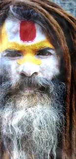 Colorful sage with face paint and dreadlocks.