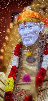 Sai Baba with vibrant garlands and golden aura in serene wallpaper.