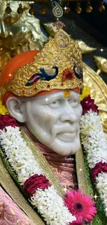 Sai Baba portrait with garlands and gold headgear, vibrant and spiritual.