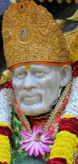 Sai Baba with golden crown adorned with colorful flowers.