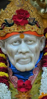 Sai Baba adorned with vibrant garlands and colorful headdress.