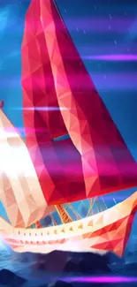 Abstract sailboat wallpaper with geometric design and vibrant magenta hues.