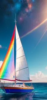 Sailboat with rainbow sail on a sunny ocean.