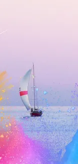 Sailboat with colorful splash design on ocean. Vibrant phone wallpaper.