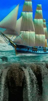 Sailing ship navigates over ocean waterfall in vibrant mobile wallpaper.