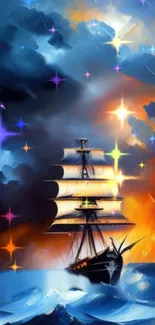 Sailing ship on a colorful, starry night ocean with vibrant waves and skies.