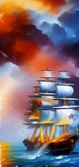 Vibrant painting of a ship sailing under a dramatic sky.