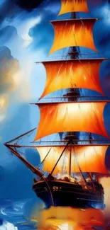 Artistic wallpaper of a ship with orange sails at sea.