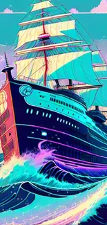 Vibrant neon sailing ship on ocean waves, dynamic and colorful art.