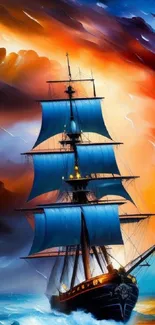 Vibrant artwork of a sailing ship against a dramatic sky.