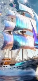 Colorful sailing ship in a fantasy ocean scene with vibrant hues.