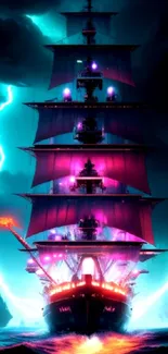 Vivid sailing ship amidst a storm with dramatic neon lights and lightning.