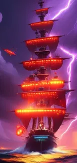 Sailing ship with red sails in a purple lightning storm.