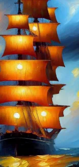 Vibrant sailing ship with orange sails against a stunning sky and ocean backdrop.