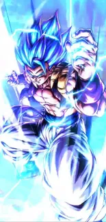 Anime character in dynamic blue background with electrifying effect.