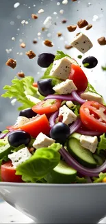 Colorful salad with tomatoes, olives, and cheese.