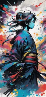 Vibrant samurai artwork with colorful abstract splashes.