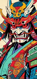 Vibrant samurai art in colorful design, perfect for mobile wallpaper.