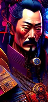 Samurai art with vibrant colors on mobile wallpaper.