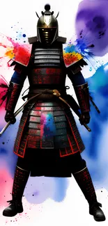 Vibrant samurai in armor with colorful splashes, perfect for phone wallpaper.