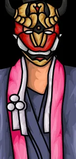 Artistic samurai mask with vibrant colors on mobile wallpaper.