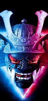 Vibrant and detailed samurai mask artwork on a mobile wallpaper.