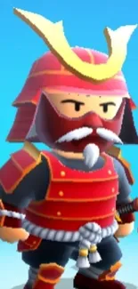 Animated samurai in red armor on blue background.