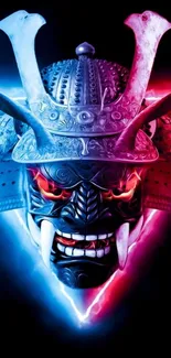 Samurai mask with neon lights in vibrant colors.