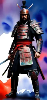 Samurai warrior in vibrant armor with red and blue background design.