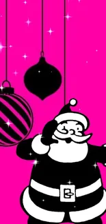 Santa Claus on bright pink background with ornaments.